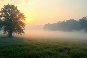 Fototapeta premium Misty morning landscape with soft fog rolling in, calm, serene, morning