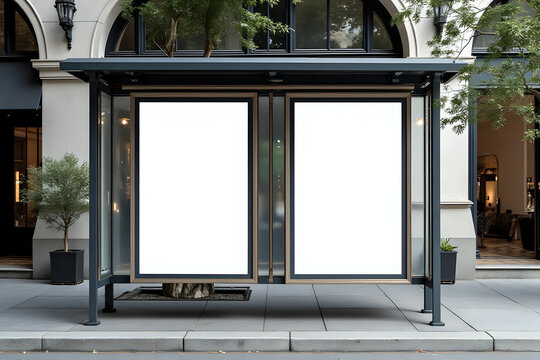 Mockup Of Empty Bus Stop Billboard In Front Of Luxury Store. Two Blank Advertising Poster Sign Boards On The City Street