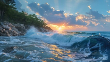 Fototapeta premium Stunning ocean waves crashing against rocky coastline at sunset, creating serene and picturesque landscape