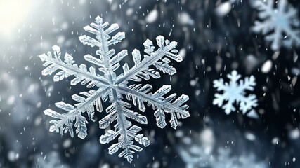 Intricate snowflakes drifting through serene winter atmosphere, capturing beauty of cold season