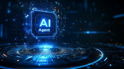An AI agent hologram symbolizing agentic autonomy for collaboration with the human workforce using autonomous agents to work in business partnership using teamwork