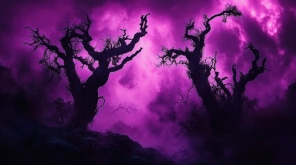 Eerie Twilight Landscape with Dark Trees and Mysterious Fog