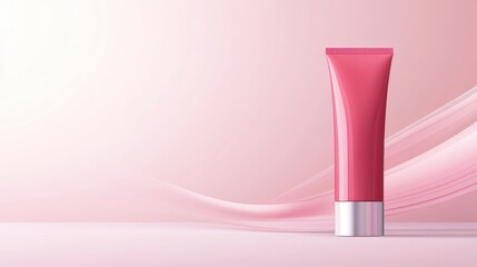 Pink Cosmetic Tube on Soft Pink Background with Elegant Waves