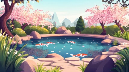 Serene Koi Pond Amidst Blossoming Cherry Trees