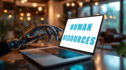 An AI agent robot working in human resources on a computer symbolizing agentic autonomy in HR hiring for a future workforce of autonomous workers.