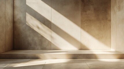 Warm sunlight dramatically illuminates minimalist room interior. AI Generated