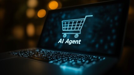 A commerce AI Agent represented by a shopping cart for autonomous retail purchases made by a virtual assistant online using teamwork for a workforce partnership.
