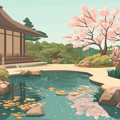 Serene Japanese Garden Pond with Blossom Tree and House