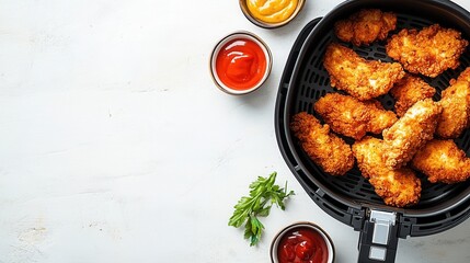 Top View of Air Fryer with Crispy Chicken Pieces