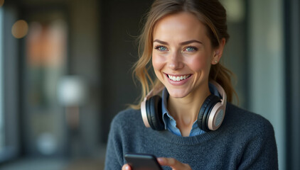 A Portrait of a Smiling Dutch Woman cheerful and approachable vibe wearing blue sweater delivering style on sweeter days