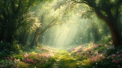Obraz premium Sunlit path through enchanted forest with blooming flowers.