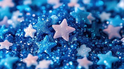 Close-up of blue and white glitter star sprinkles.