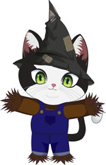Cute cat scarecrow Halloween vector