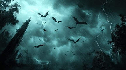 Obraz premium Dark Stormy Night with Bats Flying in Thunderous Sky
