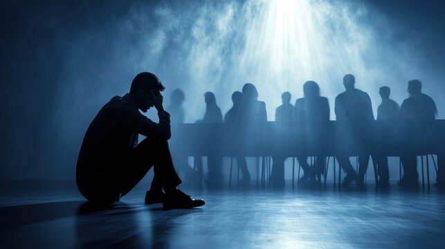 Contemplative Man in a Shadowy Boardroom Setting
