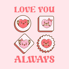 Retro groovy cartoon love heart 14 February mascot happy valentines day card template