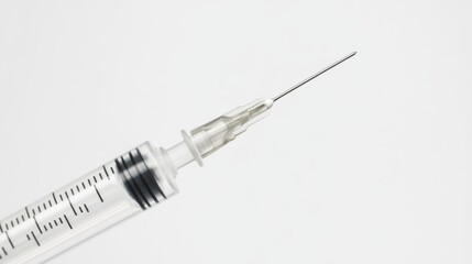 A high-resolution close-up of a syringe with a precision needle, set against a white background, Minimalist style
