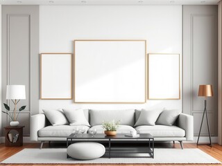 Fototapeta premium Minimalist living room wall art mockup featuring a sleek and spacious design, perfect for adding an aesthetic touch to any modern interior space, modern, geometric, trendy