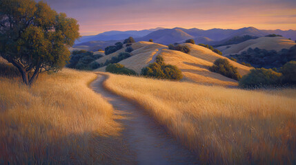 Fototapeta premium A rural dirt path cutting through golden grassy fields, leading toward gentle