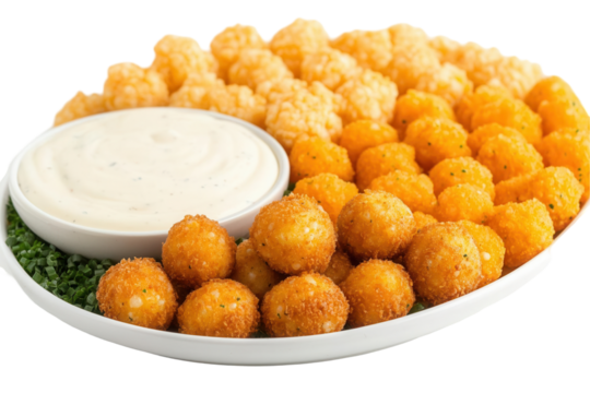 Delicious cheese balls and tots platter with dipping sauce restaurant setting food transparent background