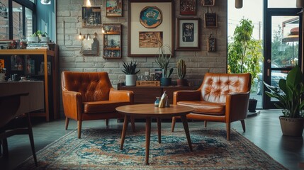 Mid-century modern living room with leather armchairs, coffee table, and gallery wall.