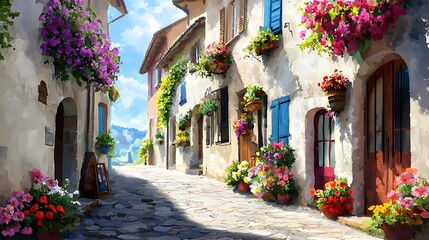 Charming Flower-Laden Alleyway in Quaint Town