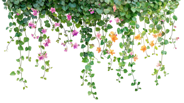 Green leaves ivy vines hanging down isolated on transparent white background, clipping path