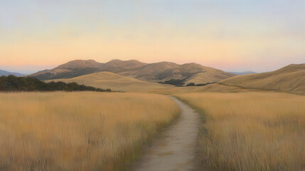 A rural dirt path cutting through golden grassy fields, leading toward gentle