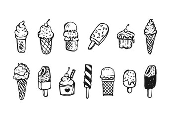 Ice cream set collection hand-drawn doodle cartoon vector icon element.