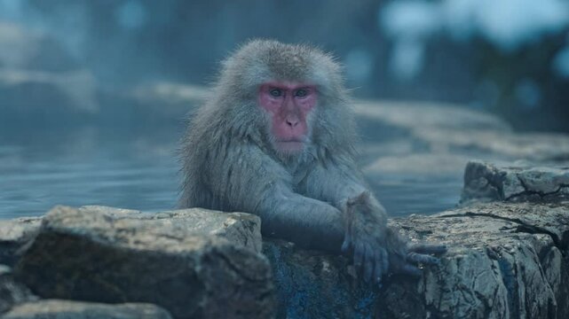 A contemplative Japanese snow monkey sits in a foggy onsen in Jigokudani, Japan.