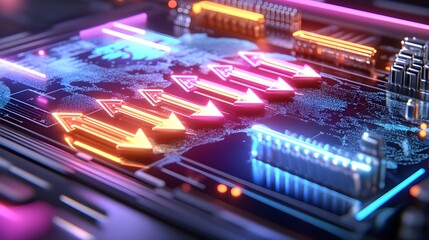 global growth: neon arrows on tech map - neon & glowing effects