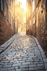Obraz premium Charming cobblestone alleyway in warm sunlight