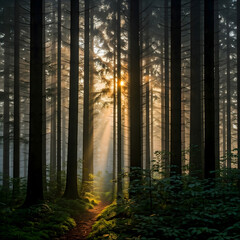 Fototapeta premium Sunlight streams through tall trees in a misty forest, illuminating a path and creating a magical atmosphere