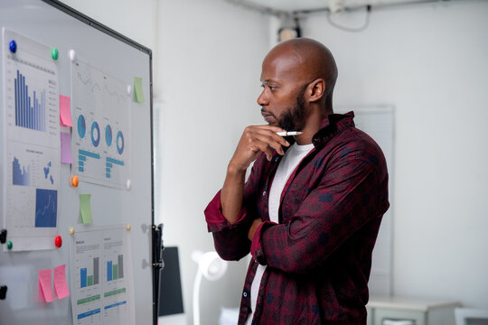 Focused businessman contemplating business strategy while reviewing data visualization on whiteboard
