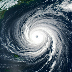 A powerful hurricane with a distinct eye, swirling clouds seen from above