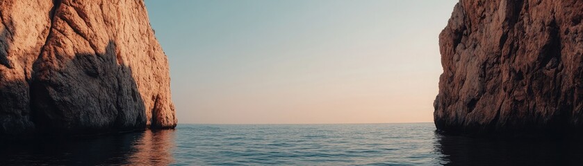 Obraz premium Serene Coastal Landscape with Rocky Cliffs and Calm Waters Under Soft Sunset Light, Perfect for Relaxation and Nature-Themed Projects