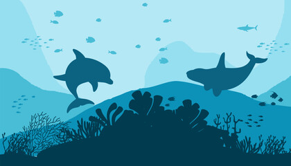 Underwater landscape with dolphins and corals. Vector illustration in flat style.