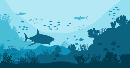 Underwater scene with fish, corals and sharks. Vector illustration