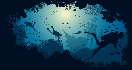 Underwater background with coral reef and diver. Vector illustration for your design