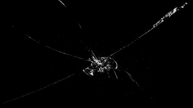 Abstract effect of broken glass with cracks and fractures on black background. Use for overlays or as a texture element