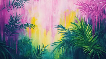 Vibrant tropical palm leaves on colorful abstract background.