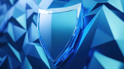 A sleek, blue shield emblem stands out against a textured, angular blue background, symbolizing protection and security.