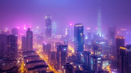 Obraz premium Night Cityscape: A Purple Haze Over Skyscrapers