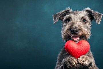Irish wolfhound - my desired dog. Cute irish wolfhound pooch with domestic animal toy red heart - sign of love, funny greeting card. Ad campaign creative. Romantic dog valentines.
