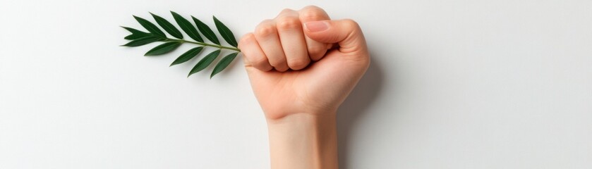 A strong human fist holding a green leaf symbolizing growth, peace, and environmental activism against a neutral background, conveying messages of hope and sustainability.