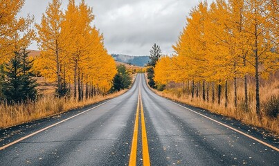 Fototapeta premium Empty asphalt road through golden autumn trees and hills.