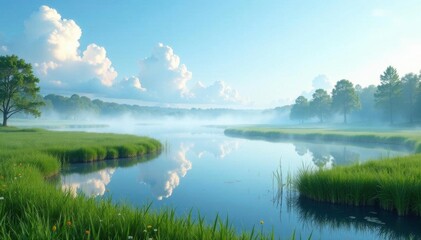 Misty morning with green grass bordering a serene wetland pond under blue skies with fluffy white clouds reflected in the calm water, misty, sky, still