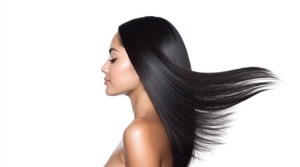 Fototapeta premium Elegant Profile of Woman with Long, Silky, Flowing Hair in Motion