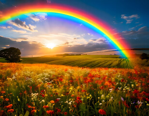 A vibrant rainbow stretches across a blooming wildflower field under a partly cloudy sky. Natural beauty and vibrant colors