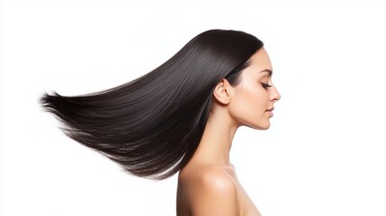Profile of a Woman with Long, Sleek Black Hair Flowing in Motion